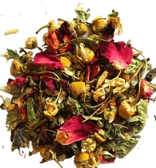 Chamomile tea with dried rose petals and a sprinkle of herbs - see more recipes here