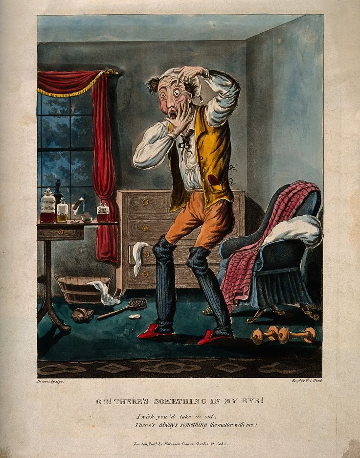 A hypochondriac with something in his eye. Coloured aquatint by F.C. Hunt after Ego