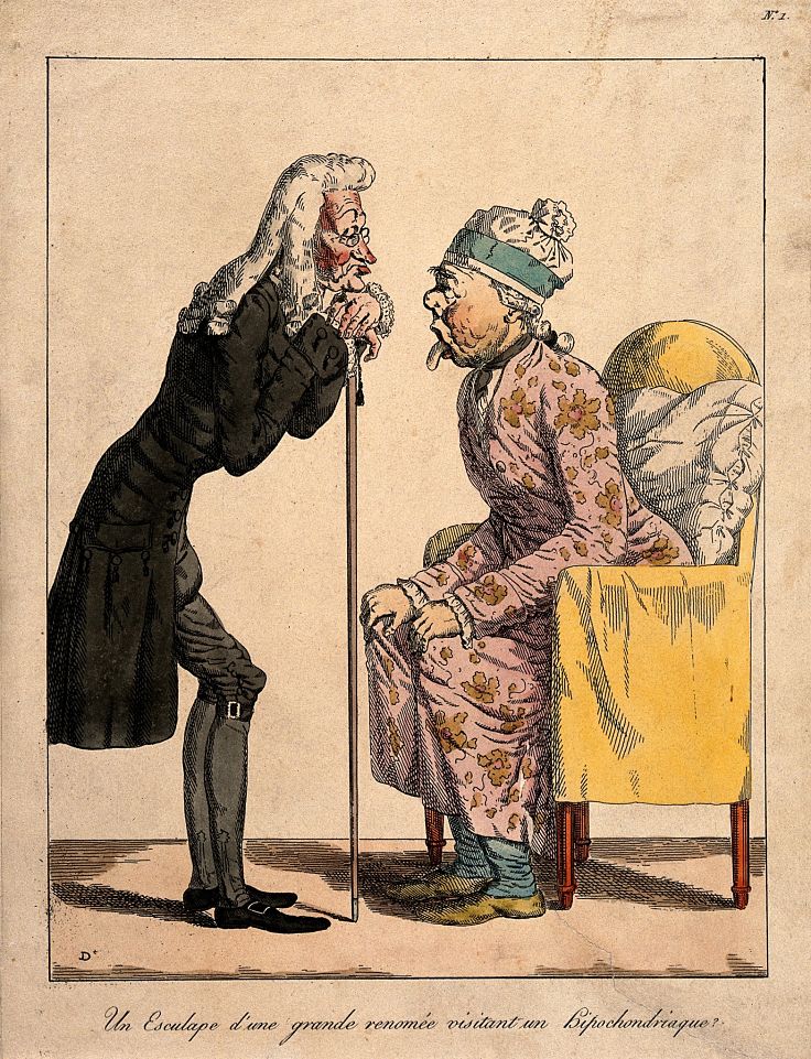 A bored physician looks at the tongue of an old lady; suggesting the waste of physician's time by hypochondriacs. Color etching.