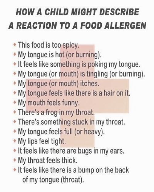 How a child may describe a reaction which could be an allergy
